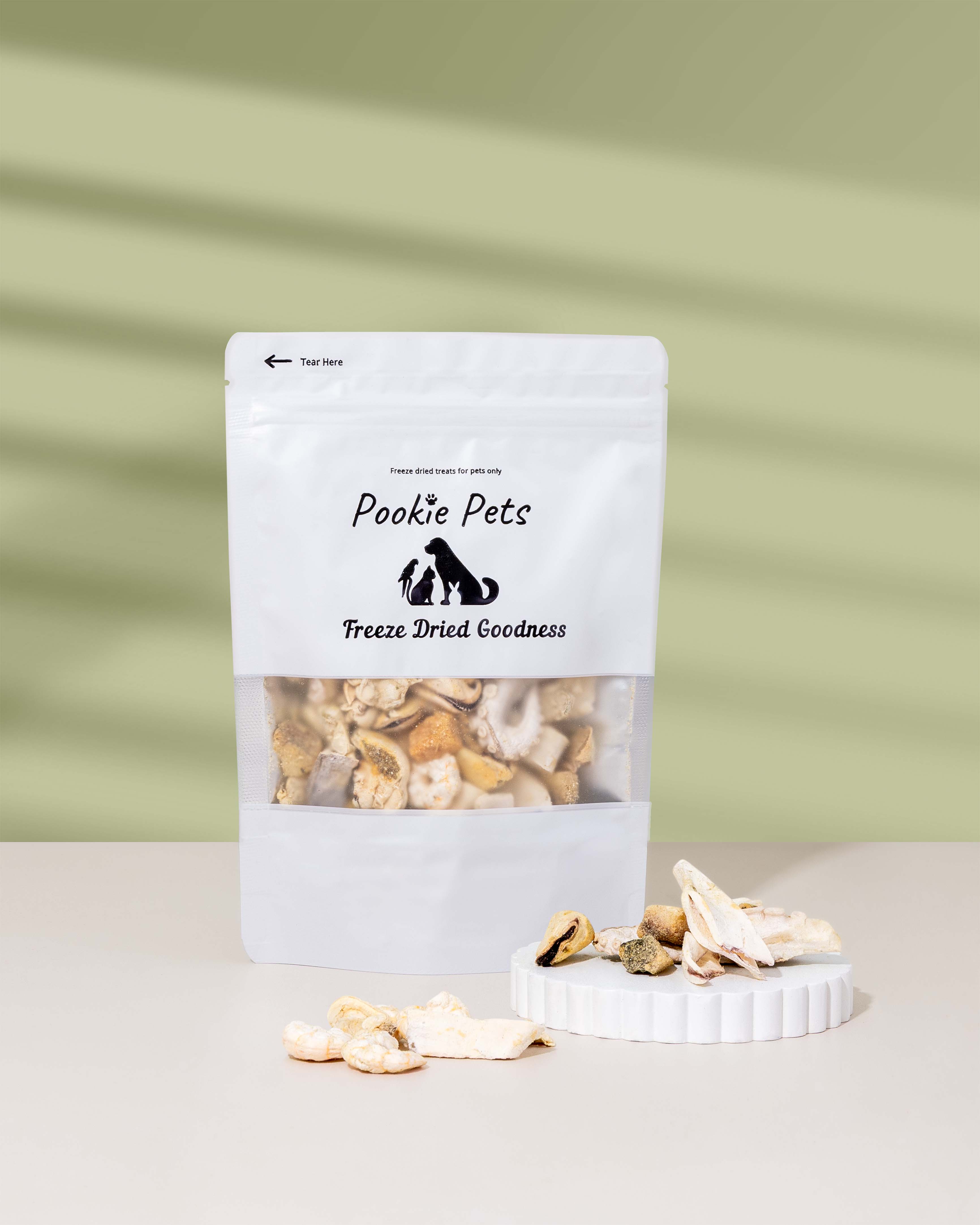 Australian freeze dried salmon, barramundi, clam, oyster, squid and octopus pet treats