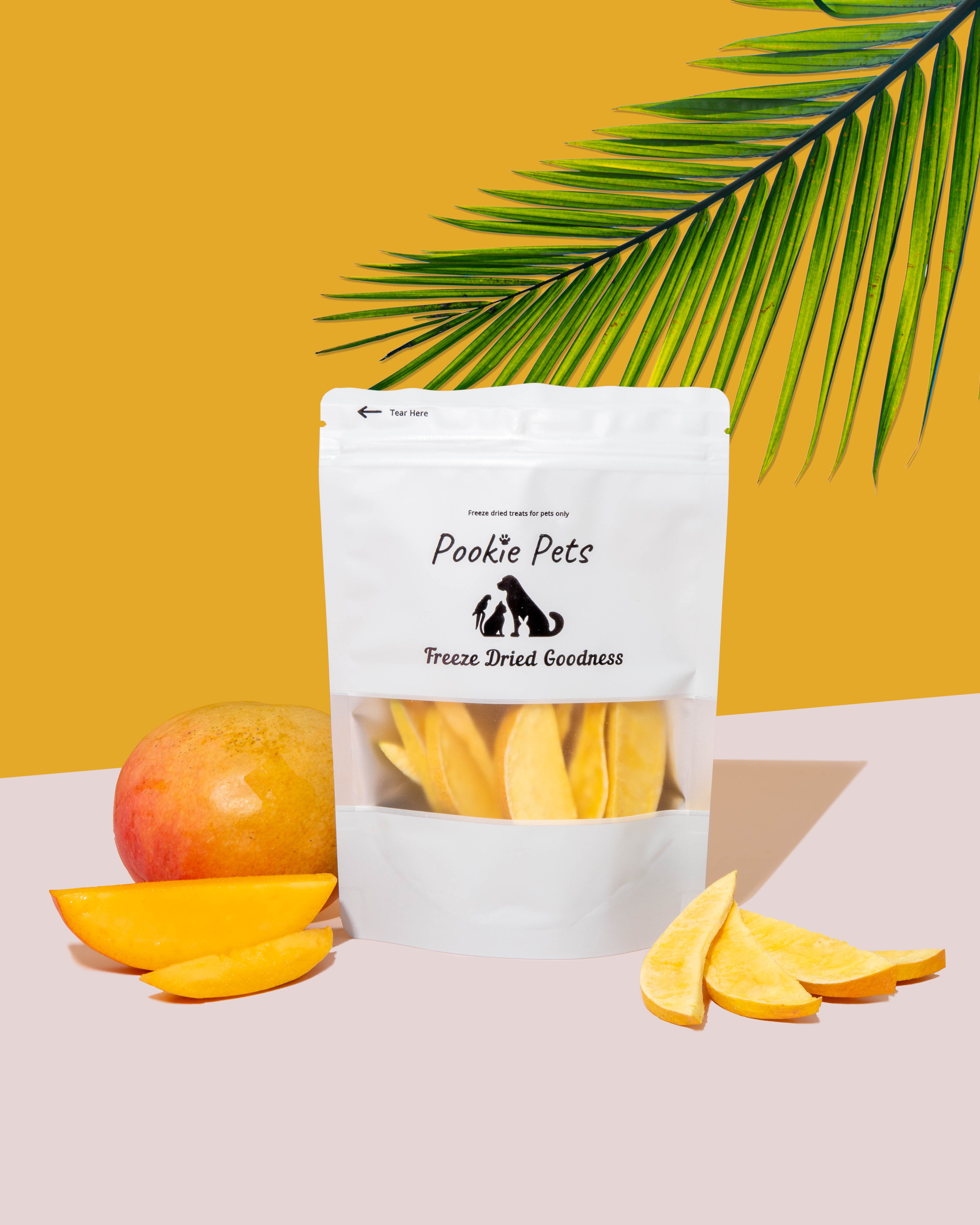 Freeze-dried mango pieces for pets – sweet, tropical orange fruit in raw snack packaging by Pookie Pets