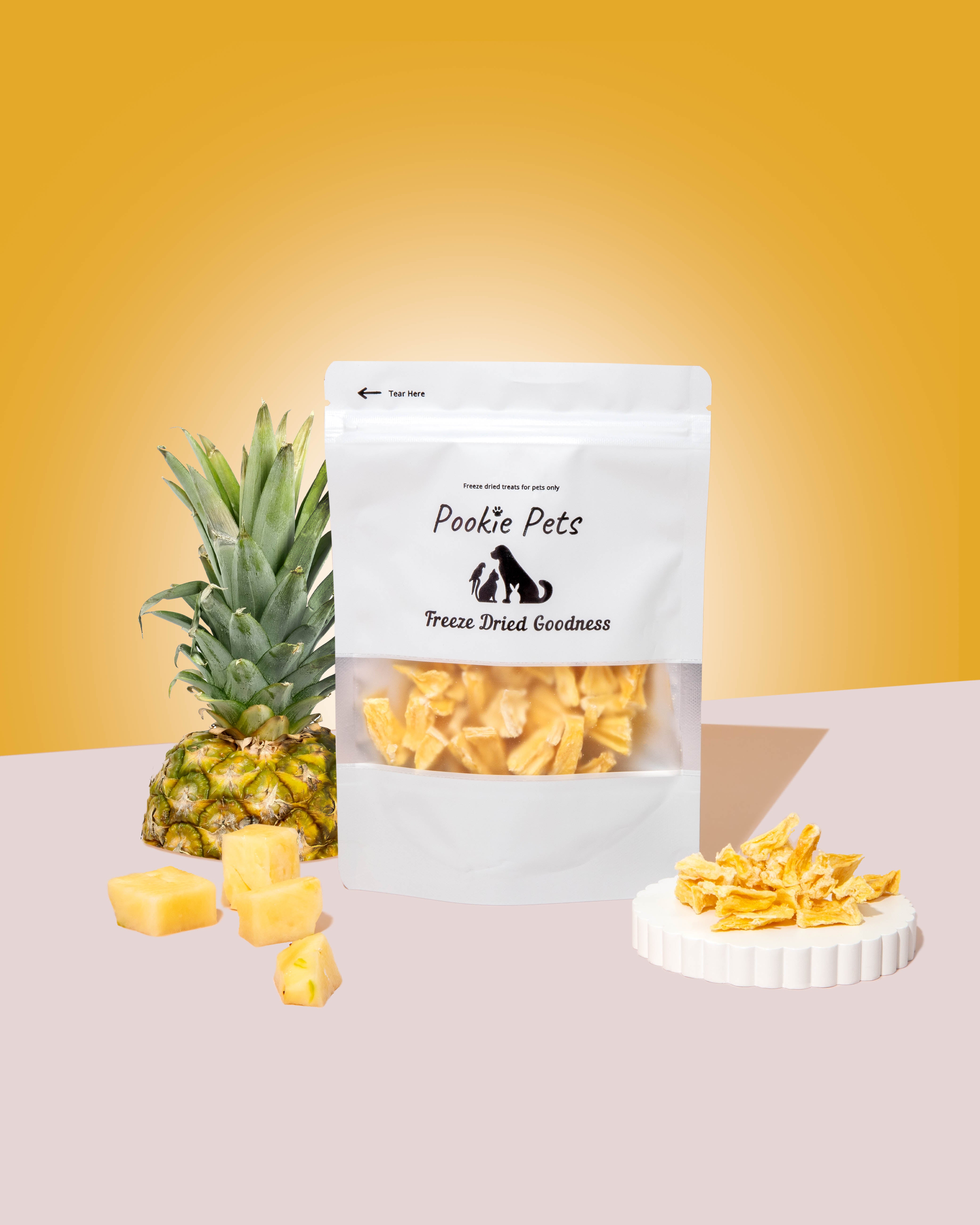 Freeze-dried pineapple chunks for pets – tropical, sweet fruit treat in resealable packaging by Pookie Pets