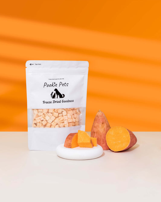 Freeze dried sweet potato cubes handmade in Sydney by a vet nurse for dogs cats birds rabbits and small pets