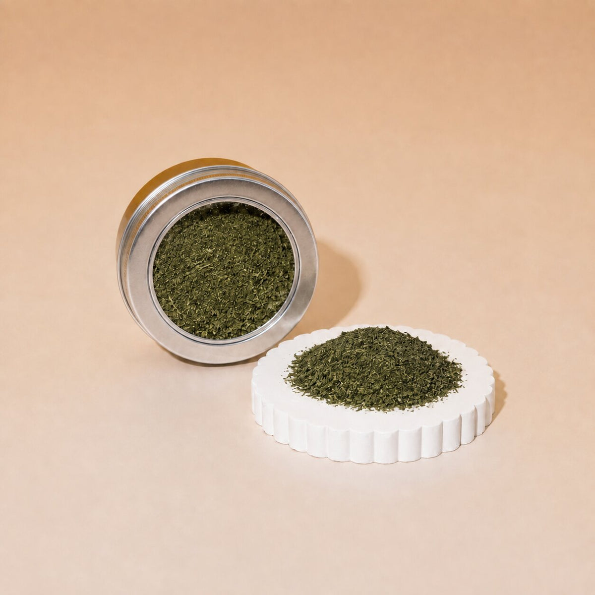 seaweed meal for dogs and cats displayed in an open metal tin