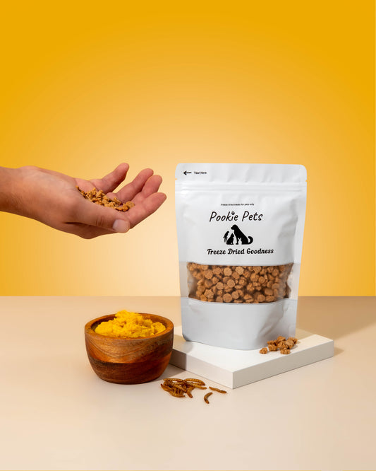 Natural freeze-dried sweet potato and mealworm treats for dogs, cats, birds, and small pets, healthy snack bites by Pookie Pets